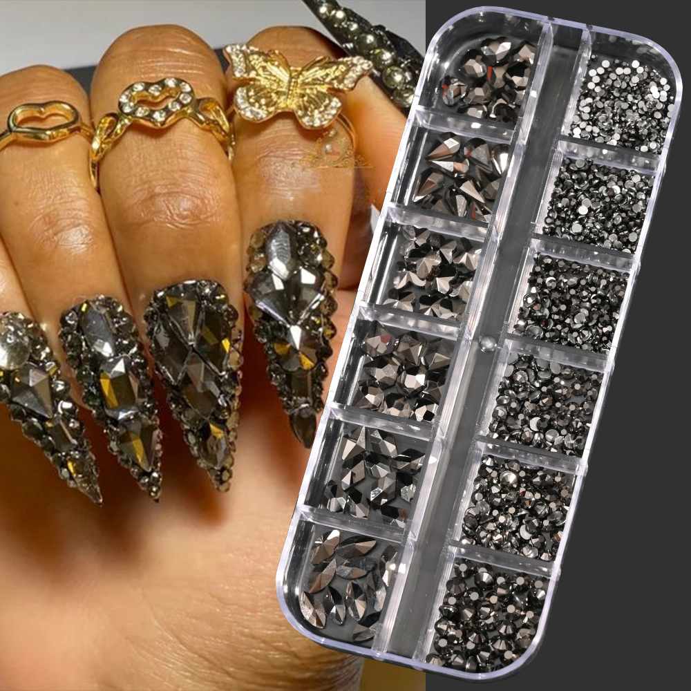 Crystal Bead Mix - 12Grids Nail Art Flatback Black Crystal